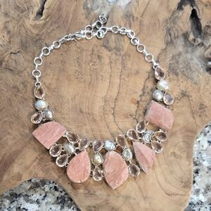 Peach-Pink Stone & Crystal Statement Necklace